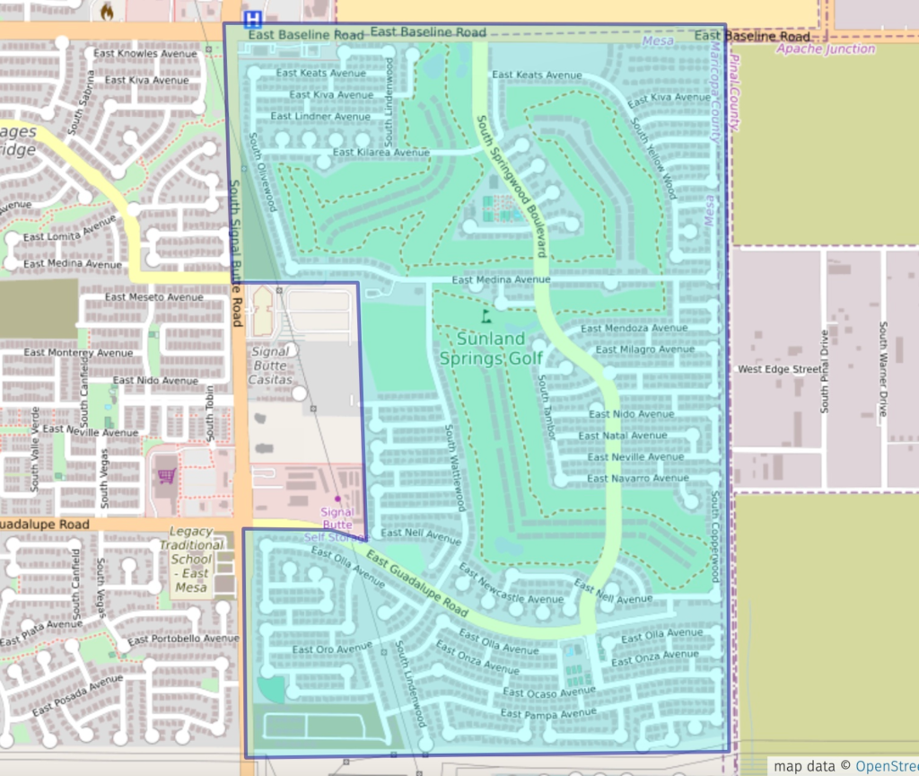 Boundary map of Sunland Springs Village a 55+ adult community in Mesa, Arizona 85205